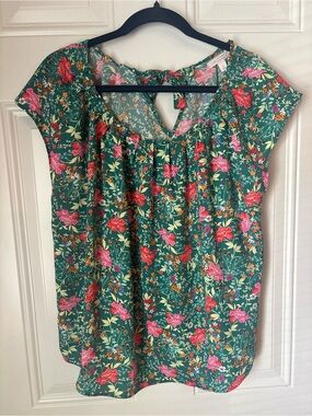 LC Lauren Conrad Green Floral Cap-Sleeve Blouse